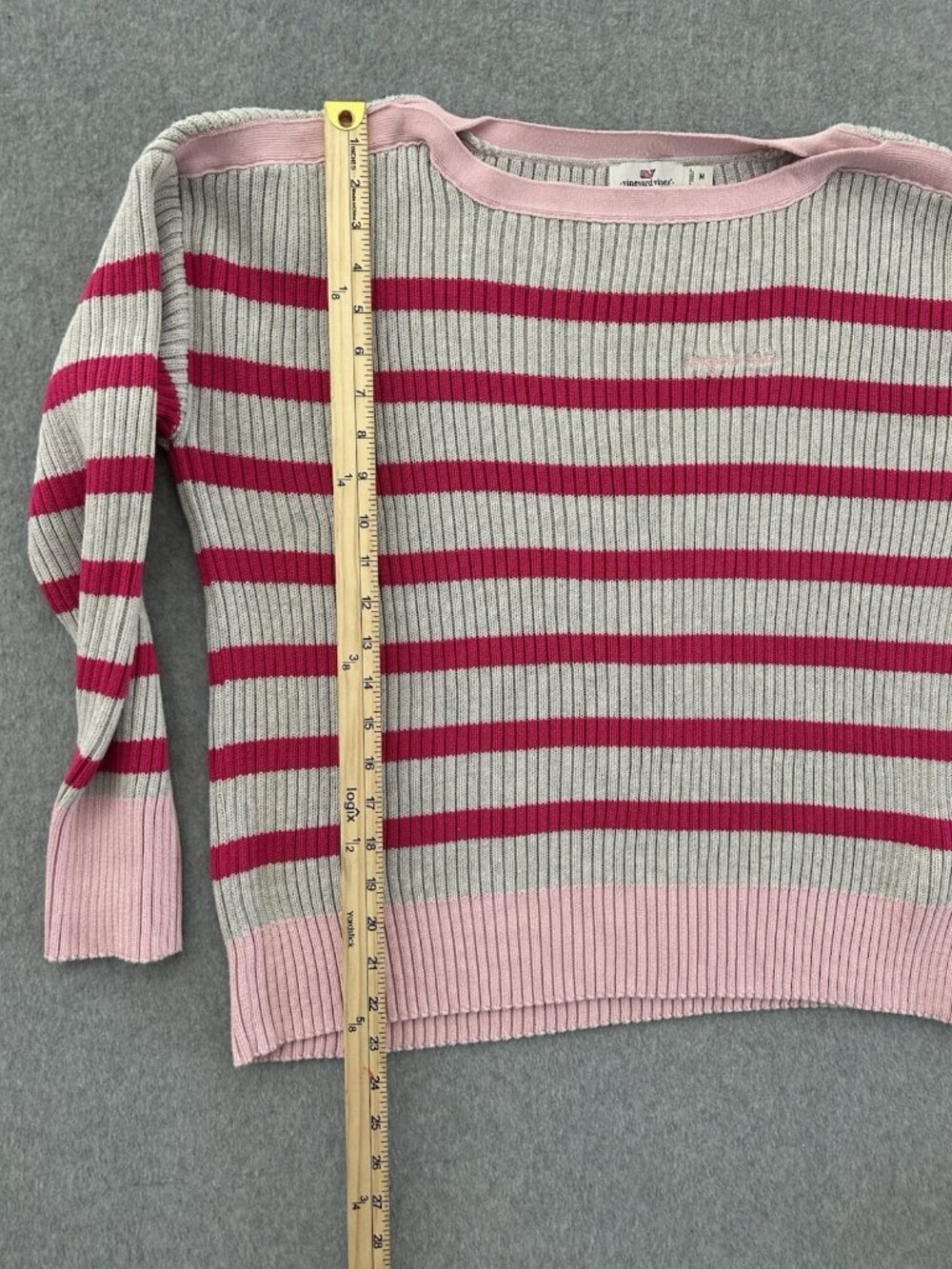 Vineyard Vines Sweater Size M Striped Boatneck Gray Pink Preppy - Picture 4 of 8